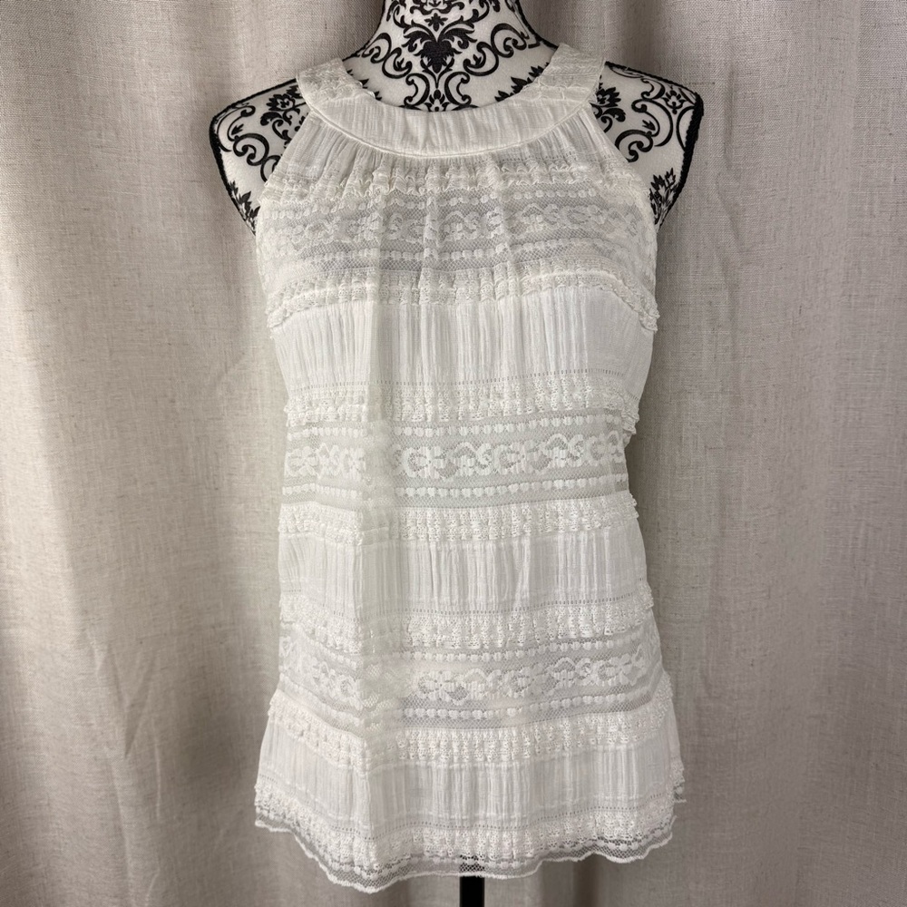 Cable & Gauge Halter Top Lace High Neck Lined Sleeveless Ruffle Cream Size Large